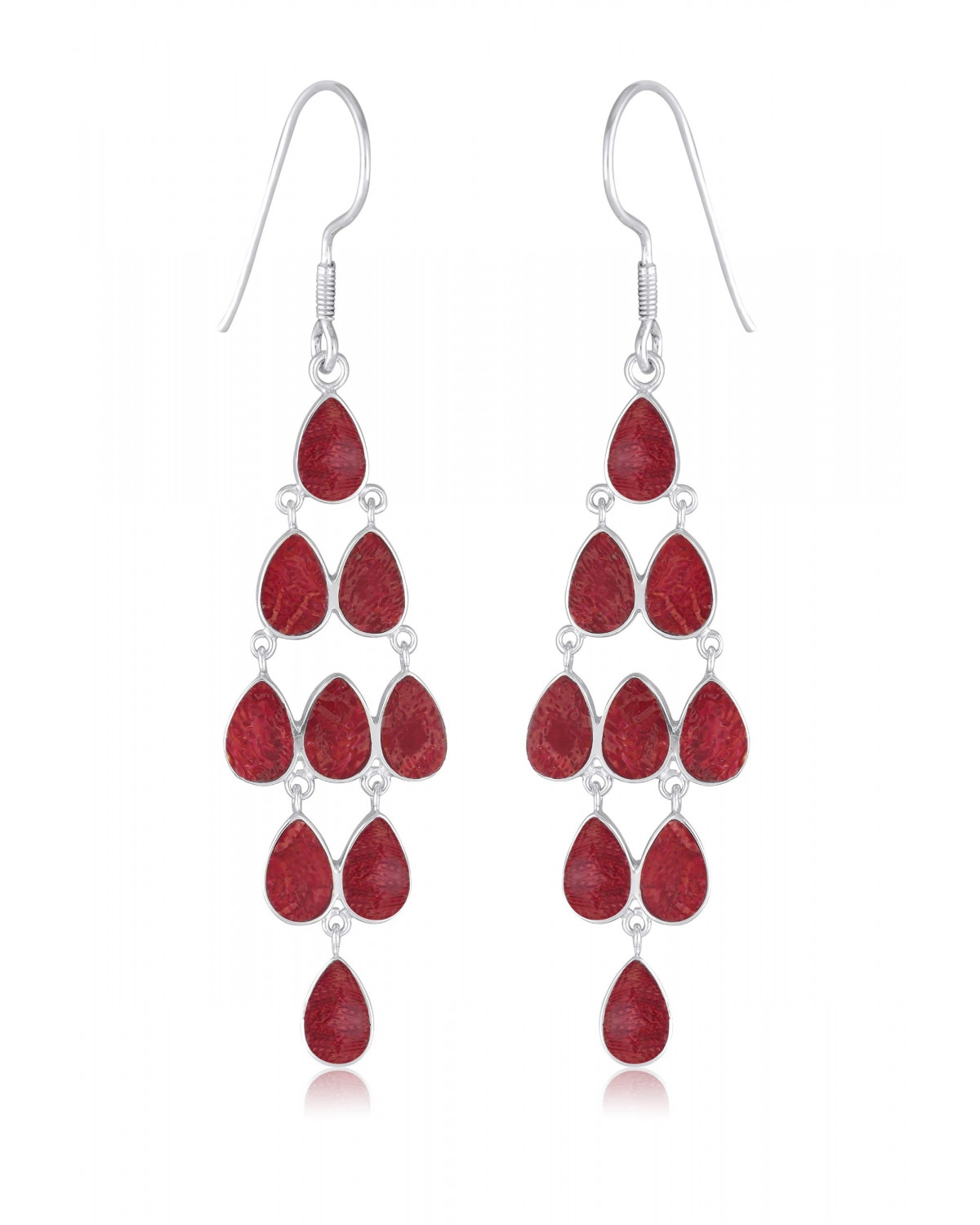 Red Coral Waterfall Earrings with Sterling Silver 925
