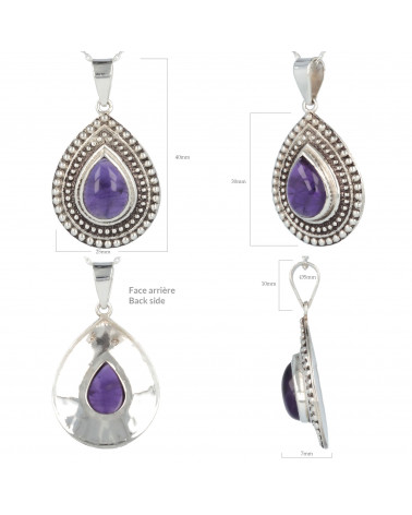Pendentif Améthsyte forme poire Sertissage grains argent massif