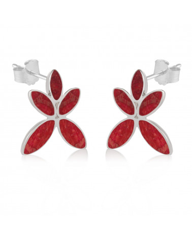 gift woman-Earrings Flower-Red coral-Sterling silver-Woman