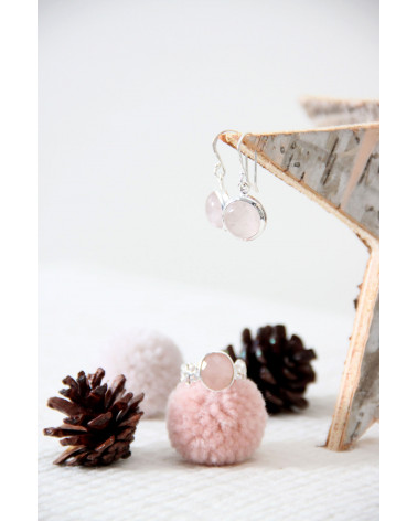 round-shaped pink quartz earrings set with sterling silver