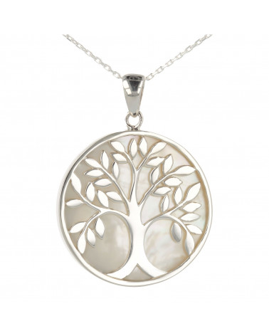 Schmuck-Geschenk-Symbol Baum des Lebens-Anhänger-Weiss Perlmutt-Silber-Rund-Damen