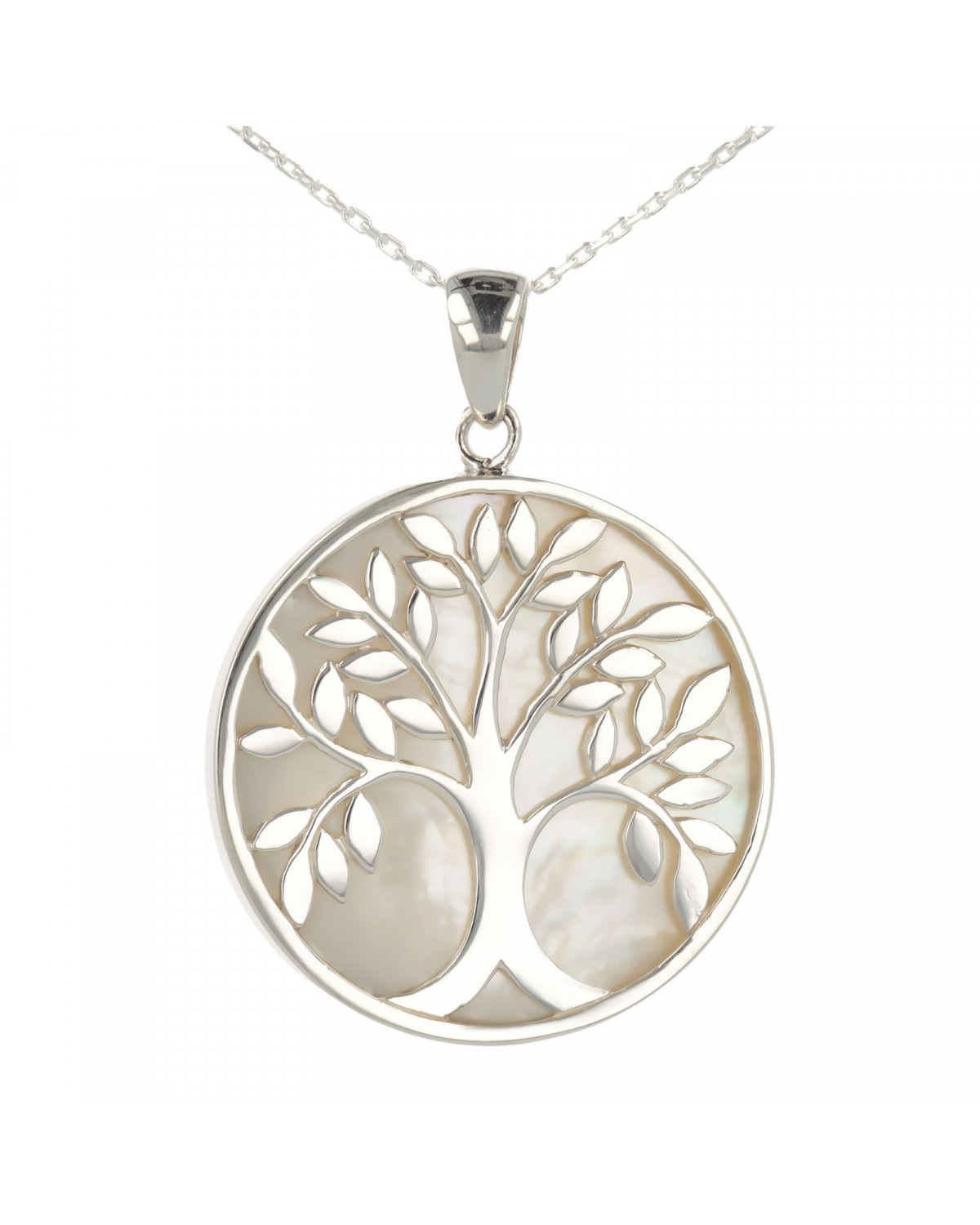 Simbolo di gioielli regalo Albero della vita-Ciondolo-Madreperla bianca- Argento rodiato-rotondo-unisex