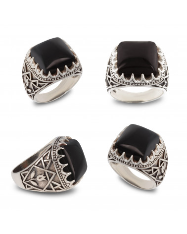 Handmade Men's Designer Ring-Black Onyx Cabochon-Sterling Silver Aged Effect-Biker Ring