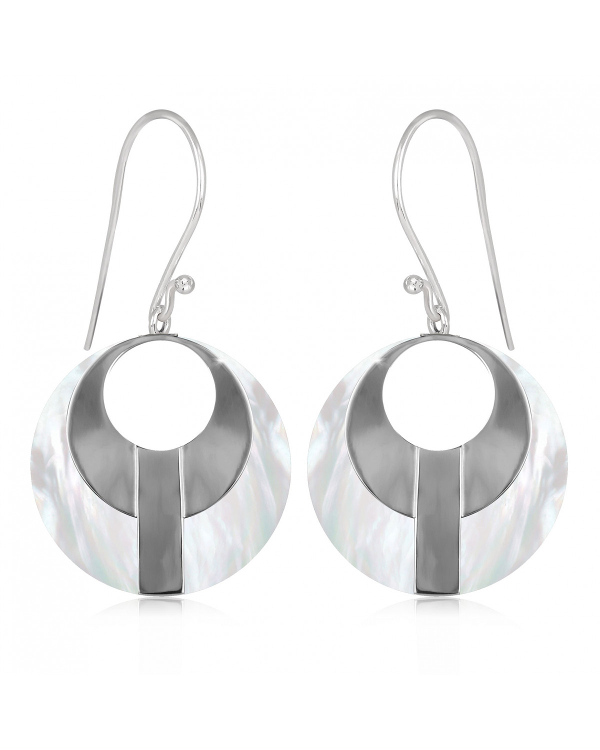 Earrings natural white mother-of-pearl round solid silver
