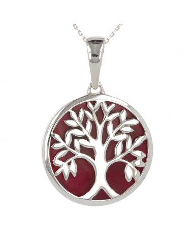 Schmuck-Geschenk-Symbol Baum des Lebens-Anhänger-Rote Koralle-Silber-Oval-Unisex