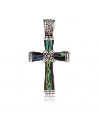 Abalone mother-of-pearl pendant cross shape with rhodium 925 sterling silver