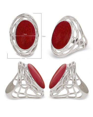 Red coral cabochon ring oval shape with rhodium 925 sterling silver