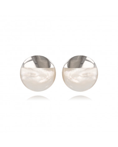 Boucles d'oreilles disque de nacre blanche sertie argent rhodié