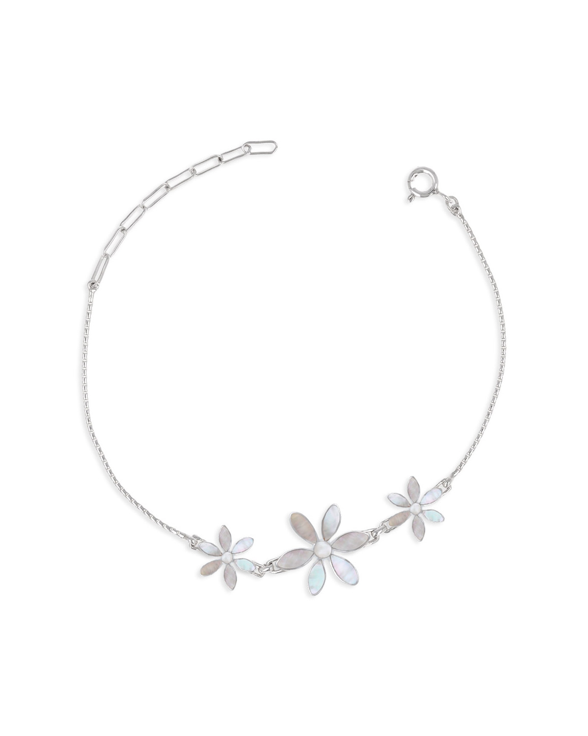 Adjustable bracelet Mother-of-pearl 3 flowers setting sterling silver 925