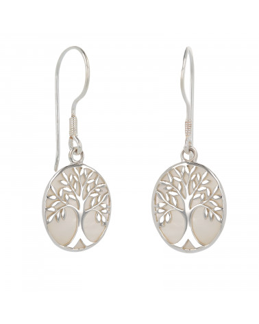 Schmuck-Geschenk-Symbol Baum des Lebens-Ohrringe-Weiss Perlmutt-Silber-Oval-Damen