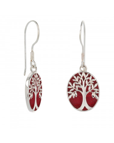 Red Coral 925 Sterling Silver Symbol Tree of Life Earrings