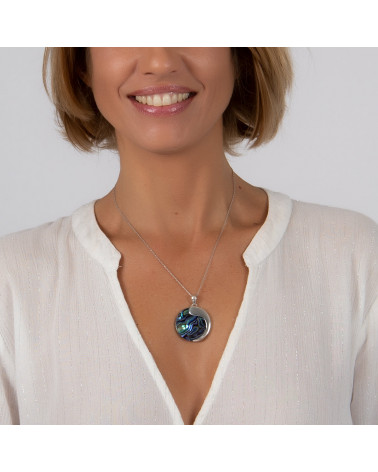 Aden's Jewels – Pendentif – Médaillon Nacre  Abalone Argent – Femme – Bleu Vert – Diamètre 33 mm