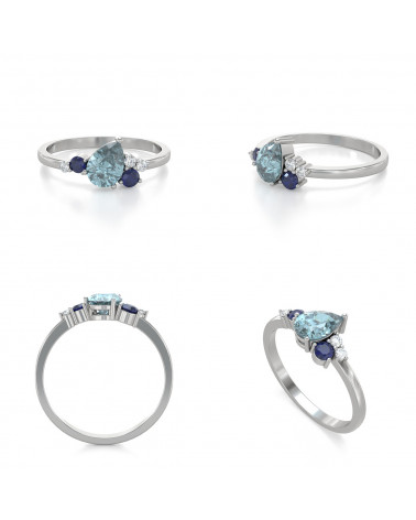 925 Silver Aqumarine Diamonds Ring