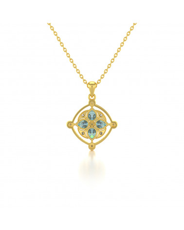 14K Gold Aquamarine Diamonds Necklace Pendant Gold Chain included ADEN - 4