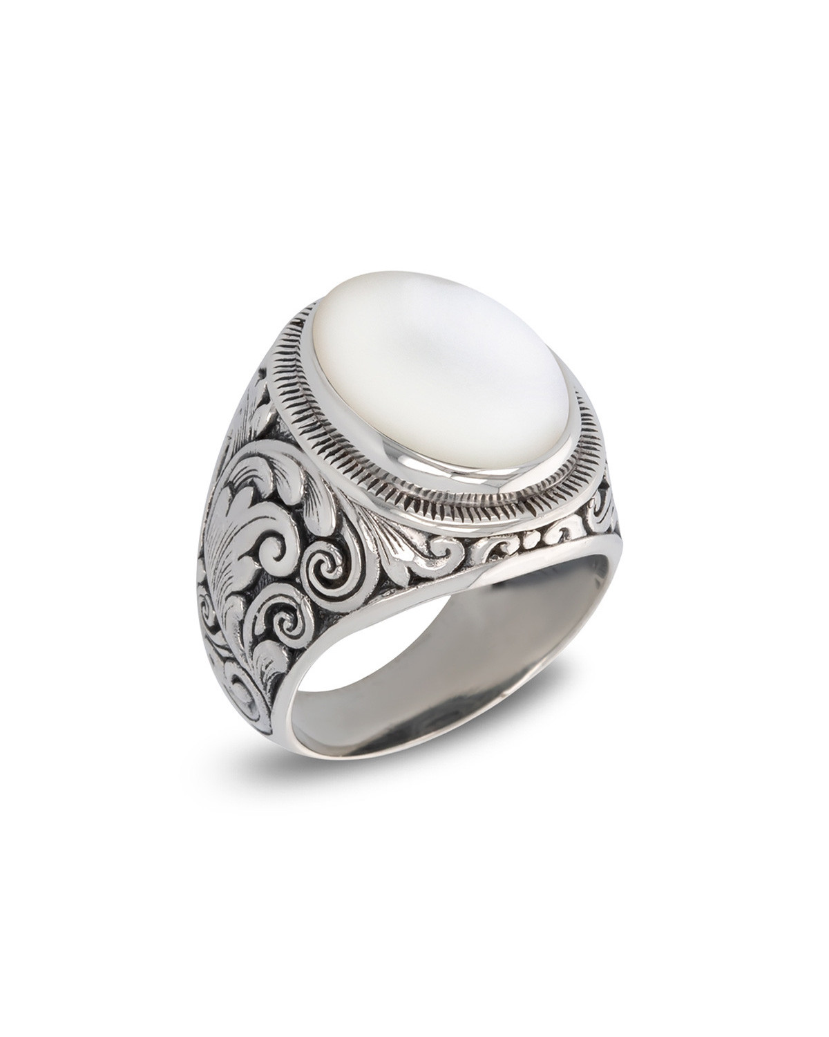 Antique effect 925 Sterling Silver White Mother-of-pearl Biker Ring