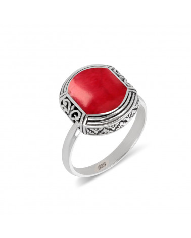 925 Sterling Silver Coral ethnic ring