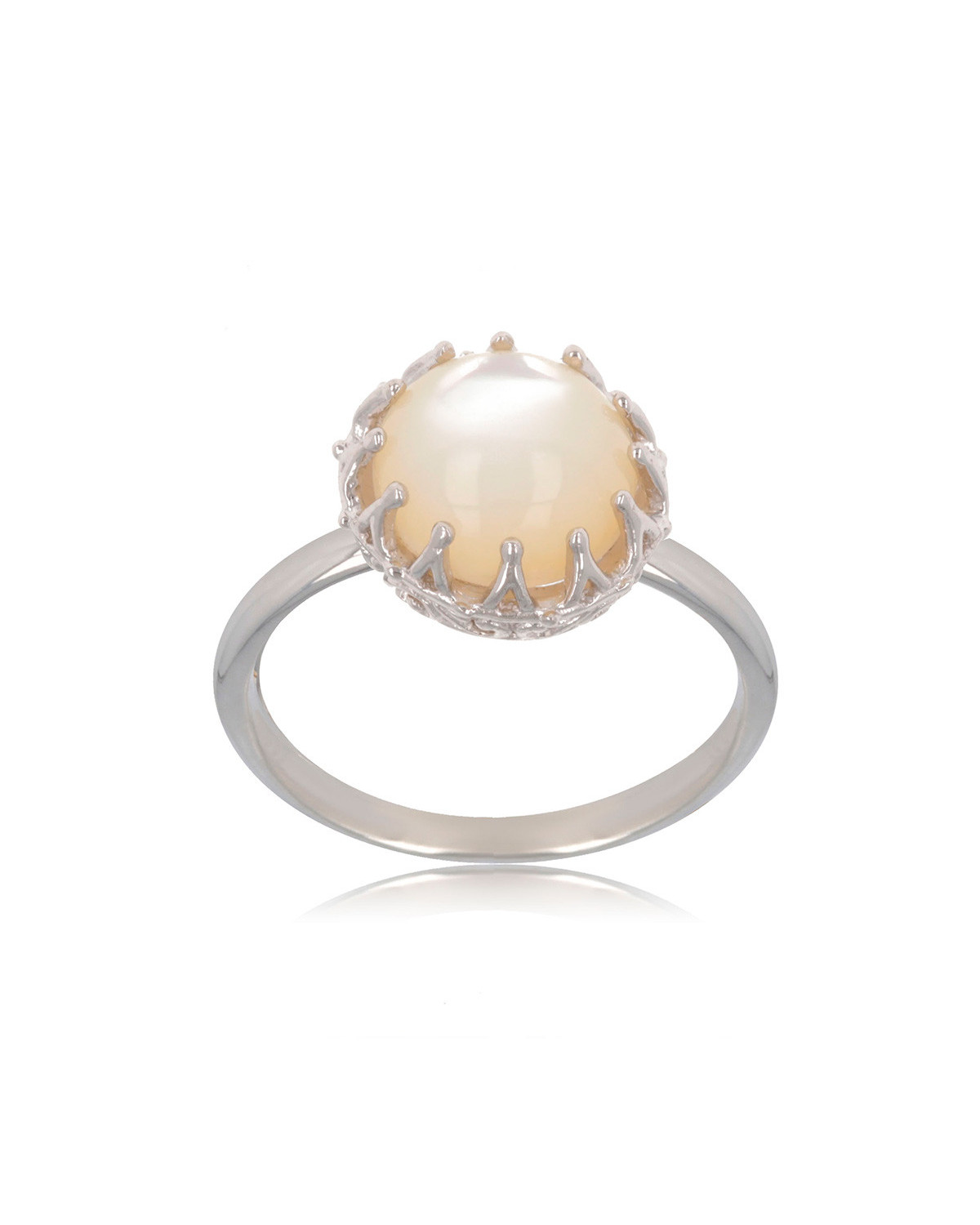 Bague cabochon Nacre blanche rond sertie argent massif