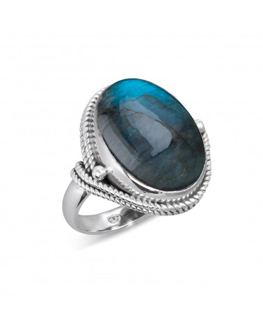 Bague cabochon Labradorite sur chaînage argent 925-000 rhodié