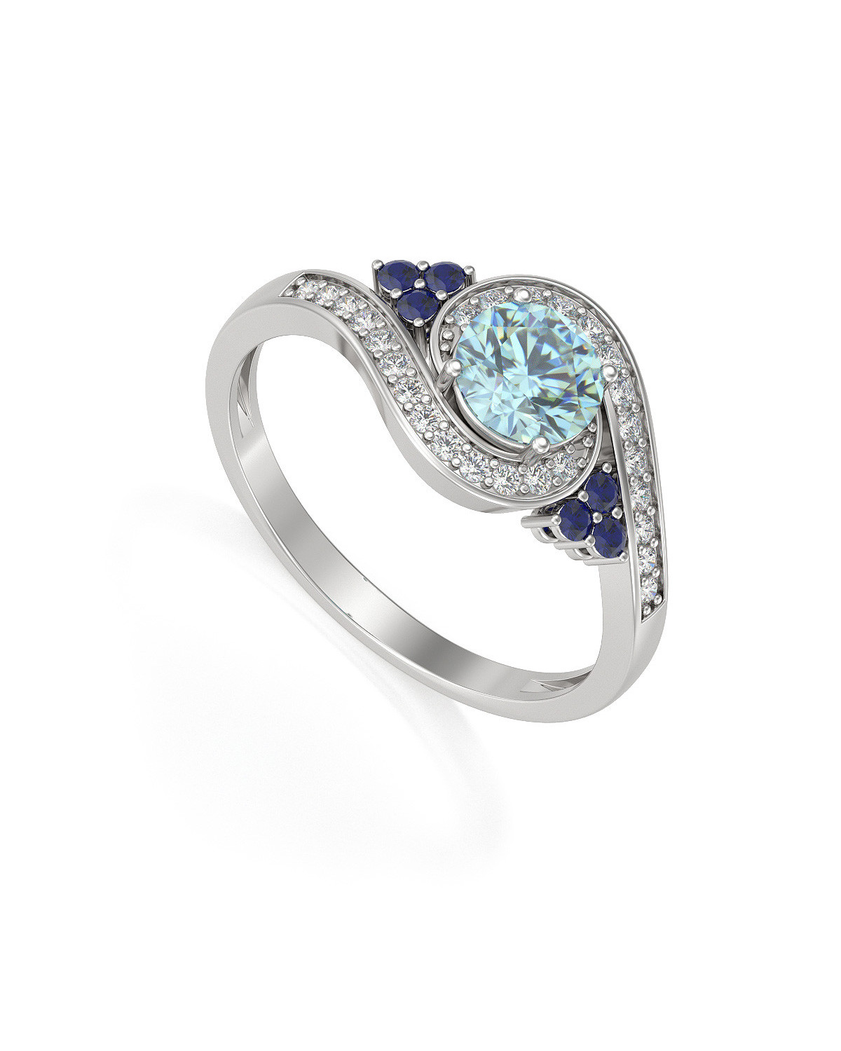 925 Silver Aqumarine Diamonds Ring