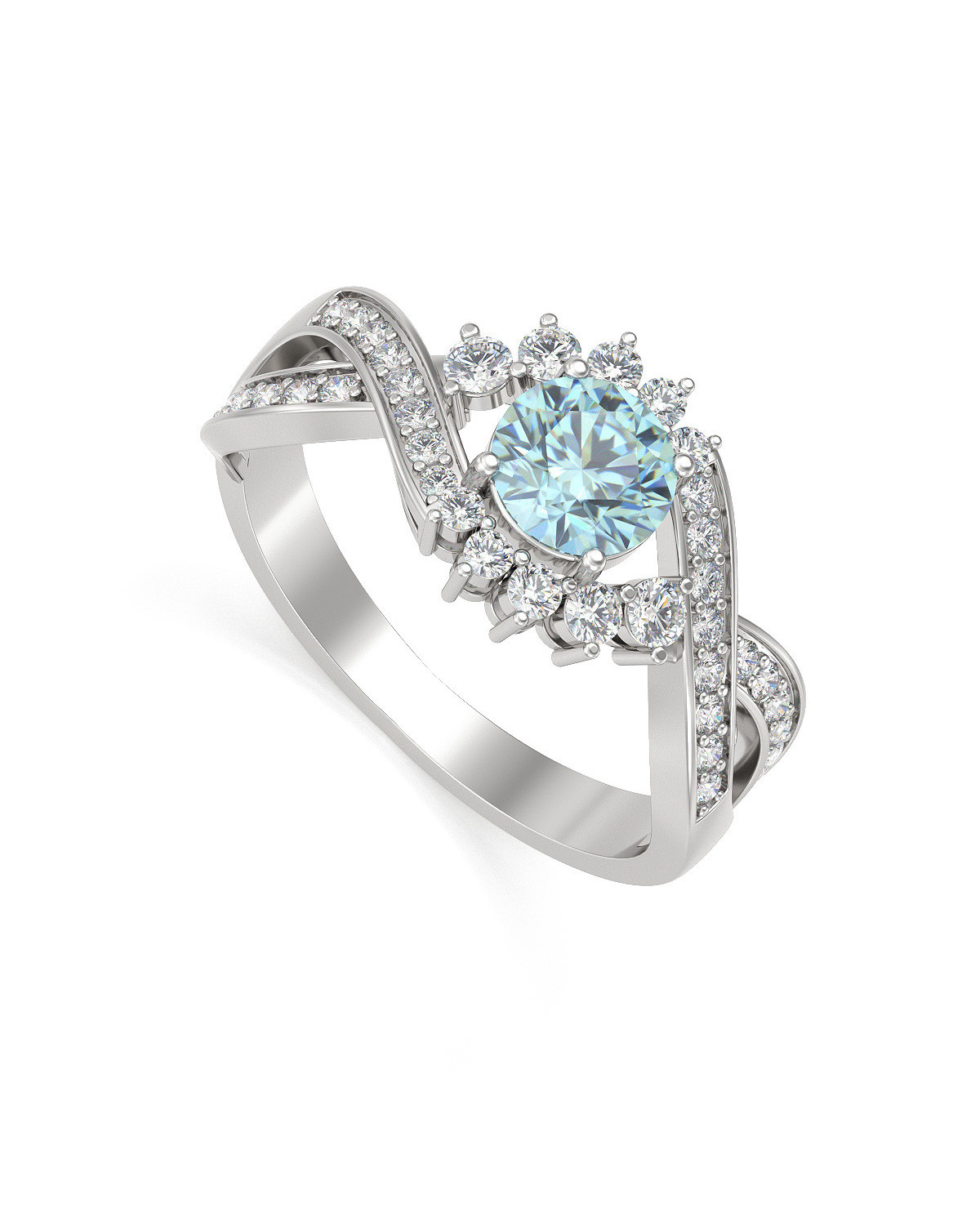 Bague Or Blanc Aigue-Marine et diamants 3.2grs