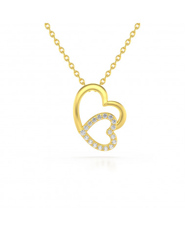 Collier Pendentif Double Coeur Or Jaune Diamant Chaine Or incluse 1.09grs