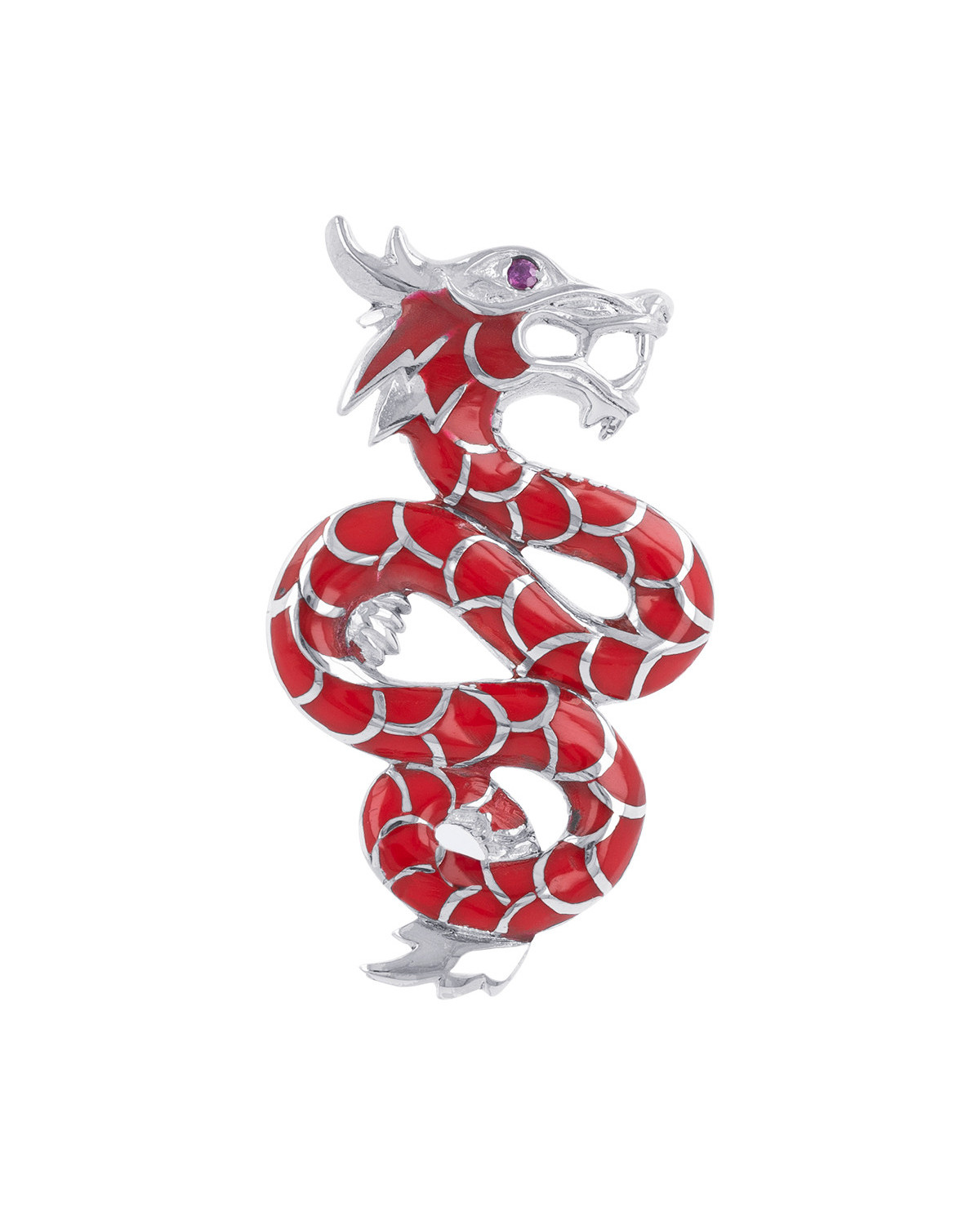 Pendentif dragon argent massif Corail Zirconium rouge chaîne serpent incluse