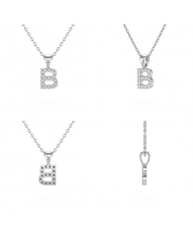 Collier Pendentif Lettre B Diamant Chaine Argent 925 incluse 0.72grs