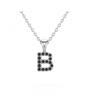 Collier Pendentif Lettre B Or Blanc Diamant Noir Chaine Or incluse 0.72grs