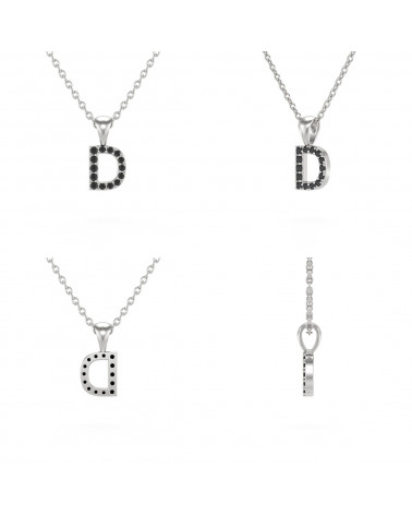 Collier Pendentif Lettre D Or Blanc Diamant Noir Chaine Or incluse 0.72grs