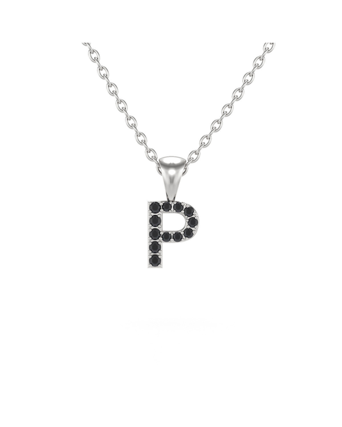 Collier Pendentif Lettre P Or Blanc Diamant Noir Chaine Or incluse 0.72grs