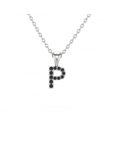 Collier Pendentif Lettre P Diamant Noir Chaine Argent 925 incluse 0.72grs