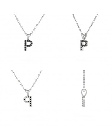 Collier Pendentif Lettre P Diamant Noir Chaine Argent 925 incluse 0.72grs