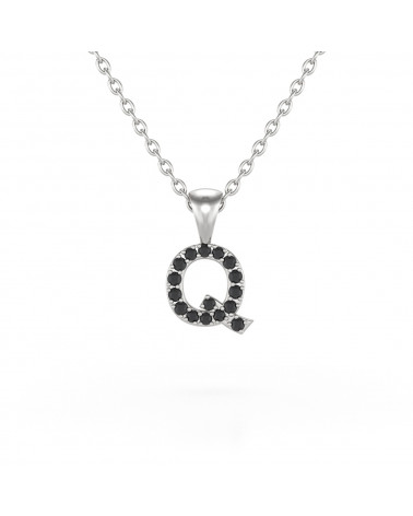 Collier Pendentif Lettre Q Diamant Noir Chaine Argent 925 incluse 0.72grs