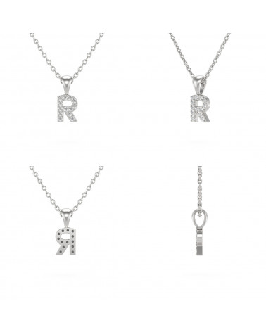 Collier Pendentif Lettre R Or Blanc Diamant Chaine Or incluse 0.72grs