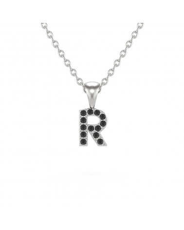 Collier Pendentif Lettre R Diamant Noir Chaine Argent 925 incluse 0.72grs
