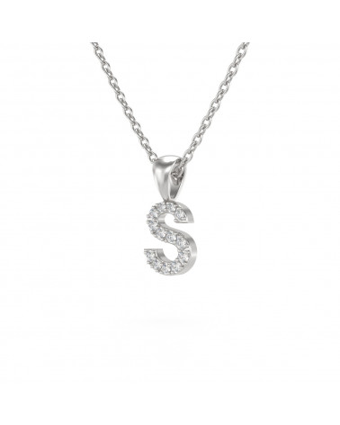 Collier Pendentif Lettre S Or Blanc Diamant Chaine Or incluse 0.72grs