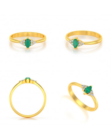 Dettaglio dell’incastonatura dello smeraldo marquise circondato da 6 diamanti - Anello Abril in oro giallo