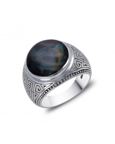 Antique effect 925 Sterling Silver Mother-of-pearl Biker Ring