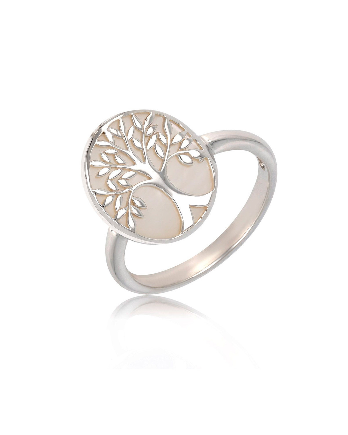 925 Sterling Silver White Mother-of-pearl Tree of Life Oval Shape Ring