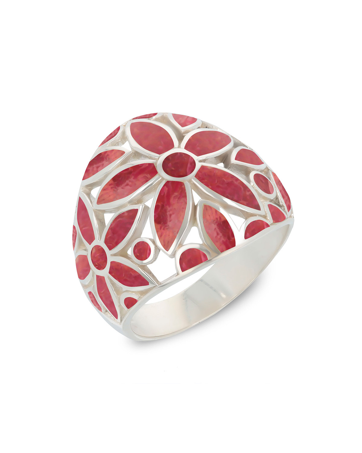 Red Farmed Coral and Sterling Silver Flower Motif Ring - Elegant and Floral Jewel | ADEN