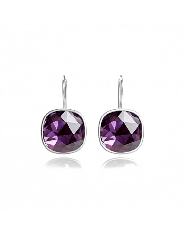 Genuine Deep Violet Amethyst Earrings - 38 Facets - Set in Rhodium 925 Silver