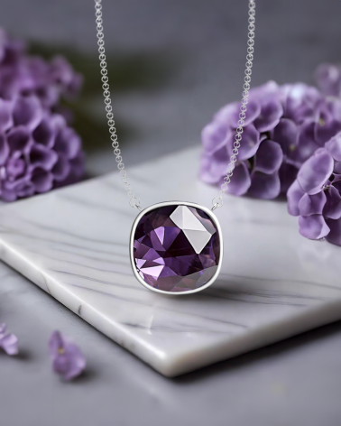 Genuine Amethyst Deep Violet Necklace - 38 Facets - Set in 925 Rhodium Silver - 9 Carats