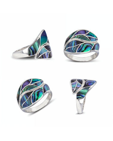 Anello in conchiglia di abalone e argento sterling 925 - Elegante motivo a foglia