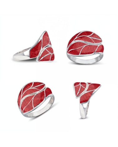 Coral and Sterling Silver Ring 925 - Elegant Leaf Motif