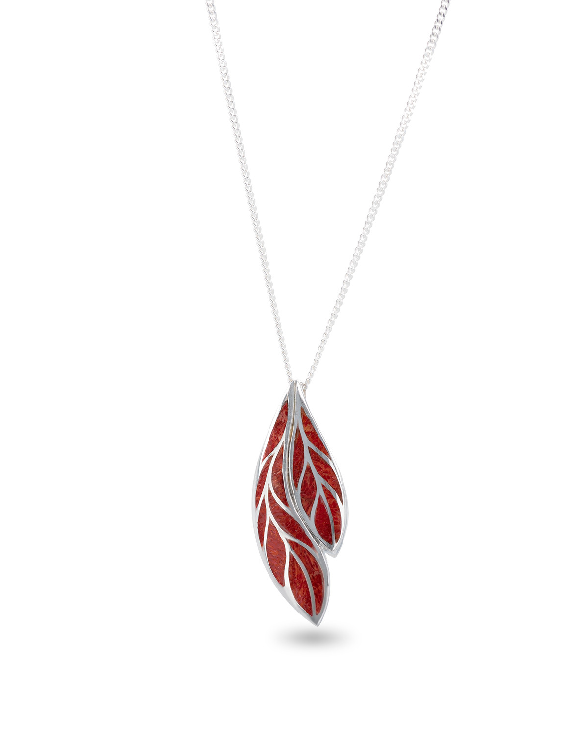 Pendentif feuille en corail rouge et argent massif 925