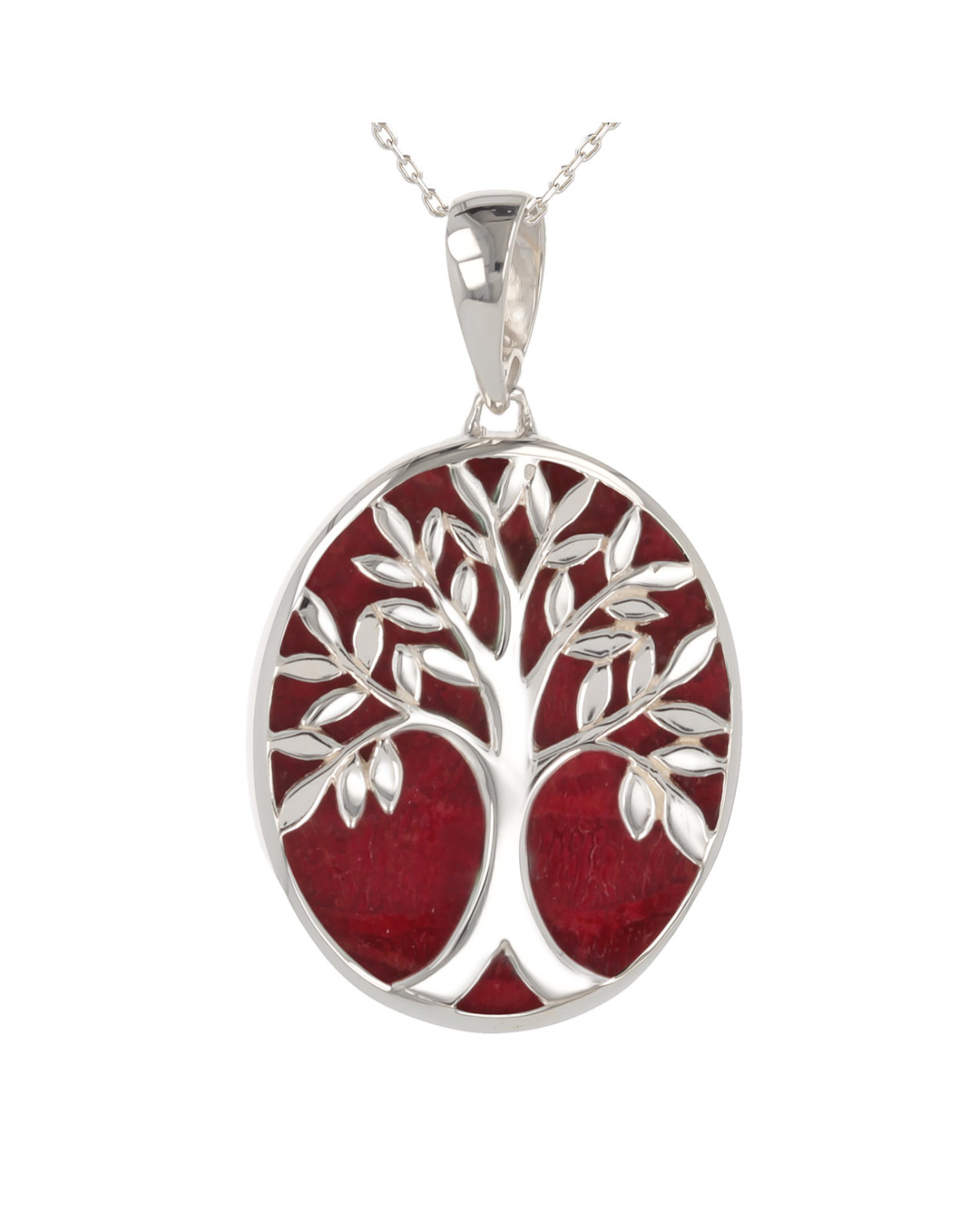 925 Sterling Silver Coral Tree of Life Oval Shape Pendant