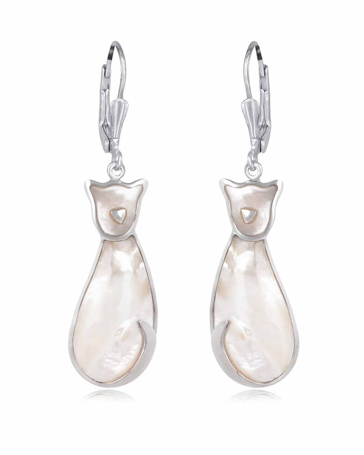 Boucles d'Oreille Chat Nacre Blanche Sertie Argent 925