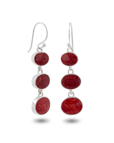 Pendants d'Oreille Corail Rouge Ovale et Argent Massif 925