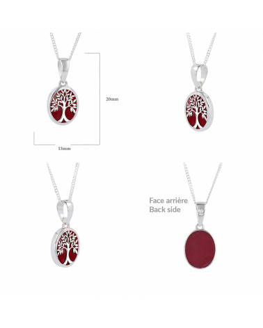 Tree of Life Pendant in Red Coral and Rhodium-Plated 925 Silver - Oval