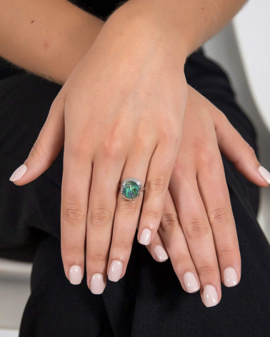 Bague ethnique nacre abalone sertie argent 925